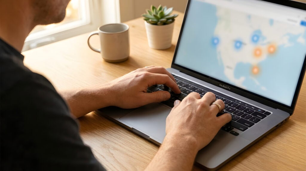 A business owner reviewing Google Maps local search results on a laptop.
