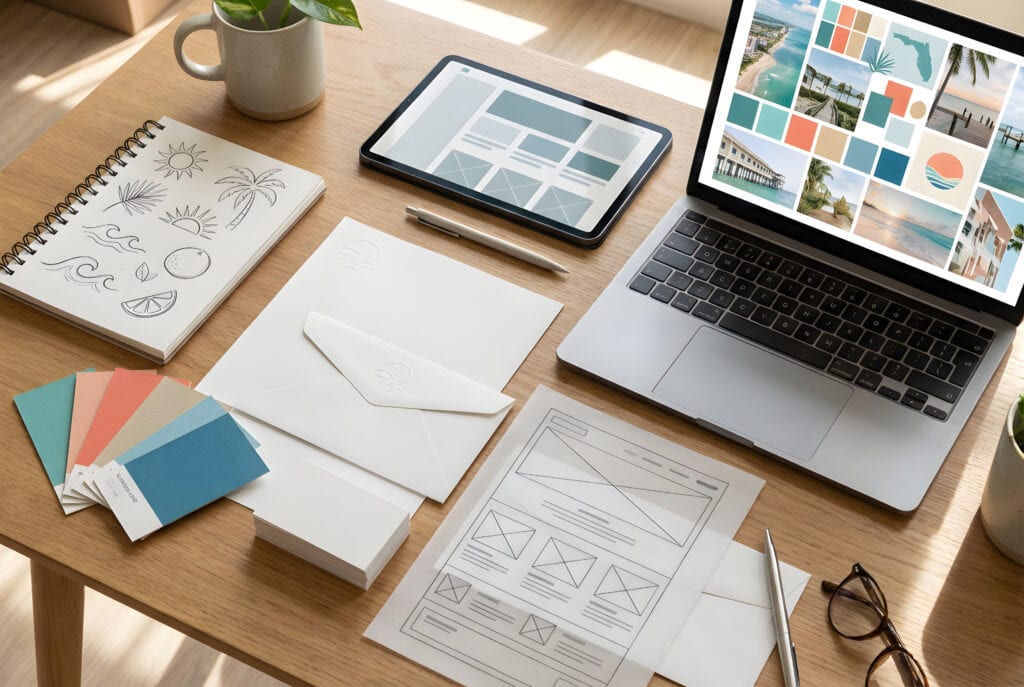 Set of branding materials and design mockups for a new Florida business arranged on a clean desk