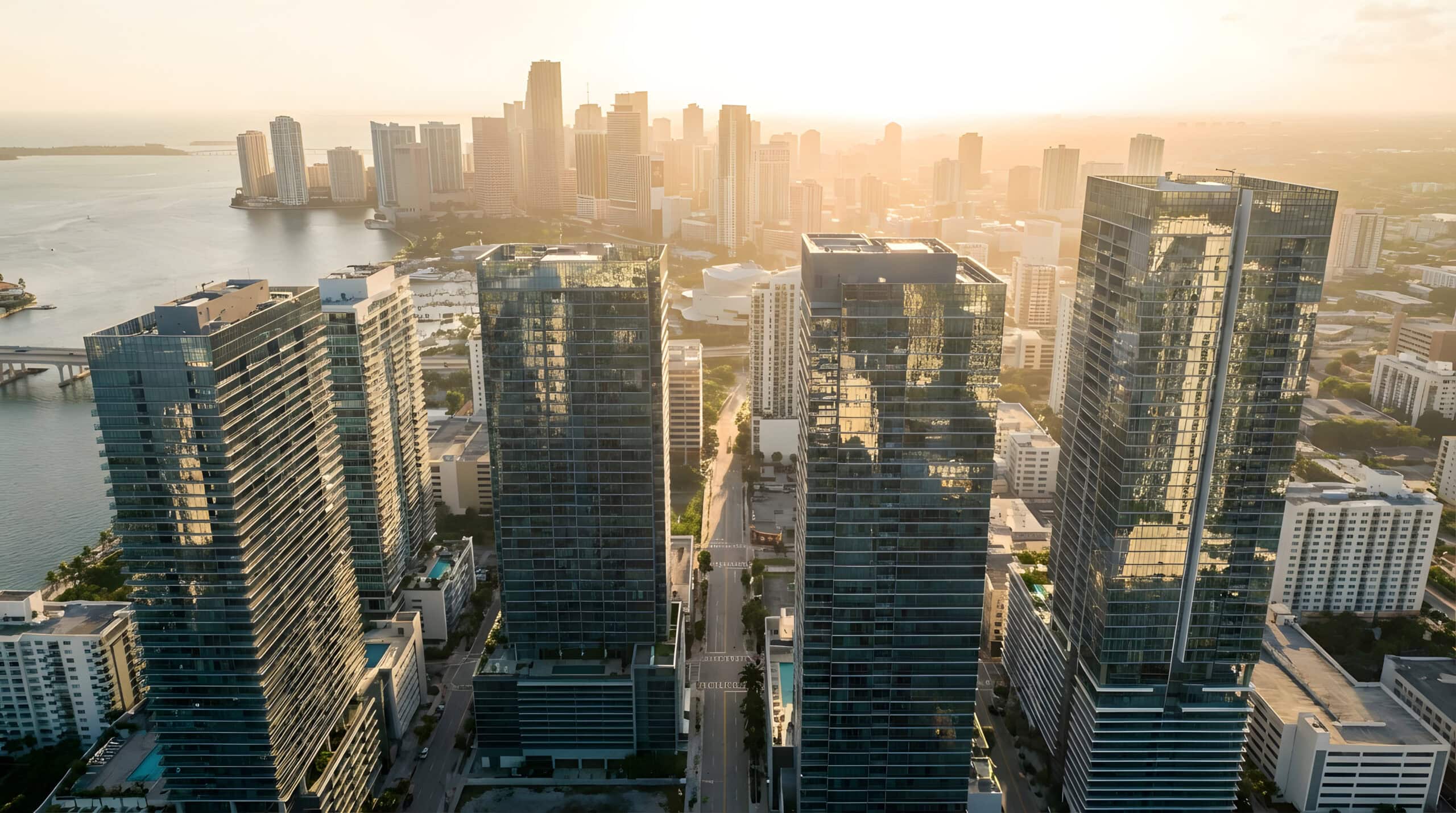 An aerial view of Brickell Miami skyline at golden hour representing local business visibility.