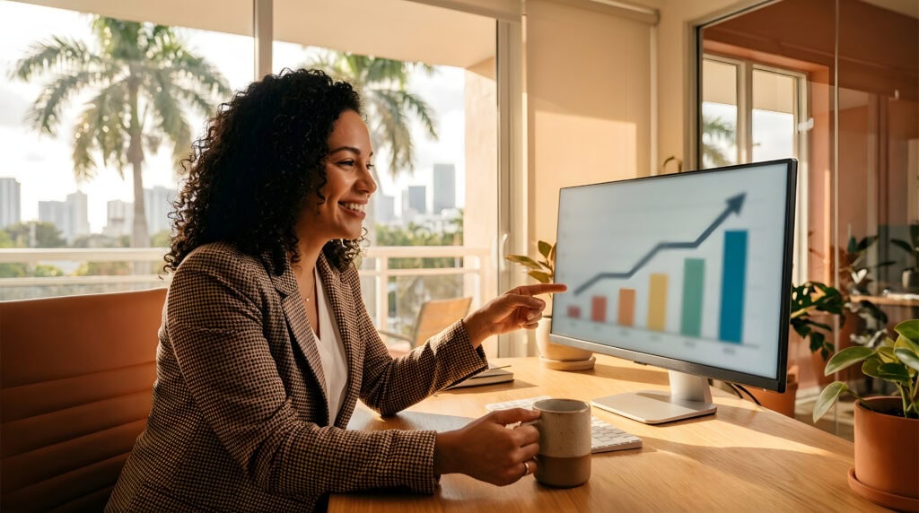 A Miami business owner reviewing her organic search growth on the desktop monitor.
