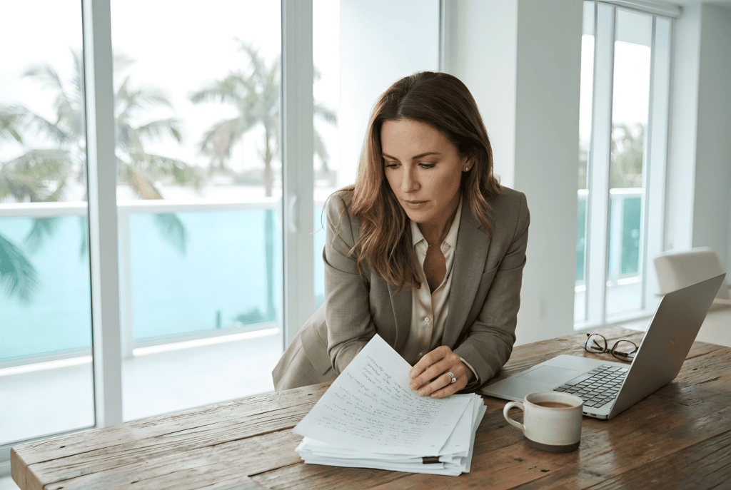 A female entrepreneur reviewing business notes beside a laptop in a bright Miami office while planning her LLC