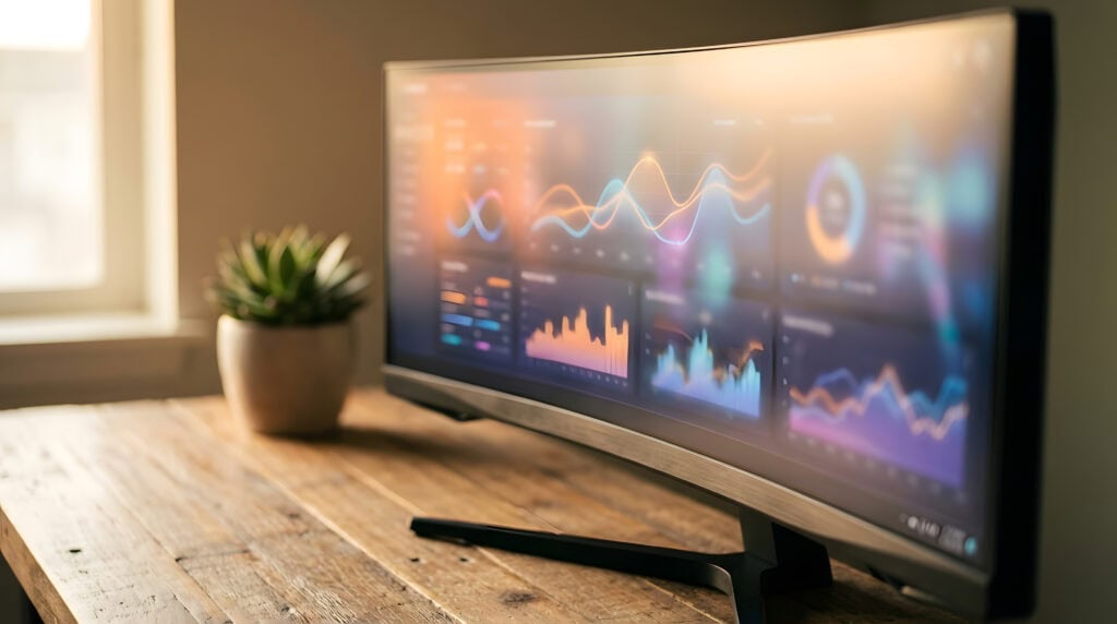 An analytics dashboard on ultrawide monitor representing SEO audit and performance tracking metrics.