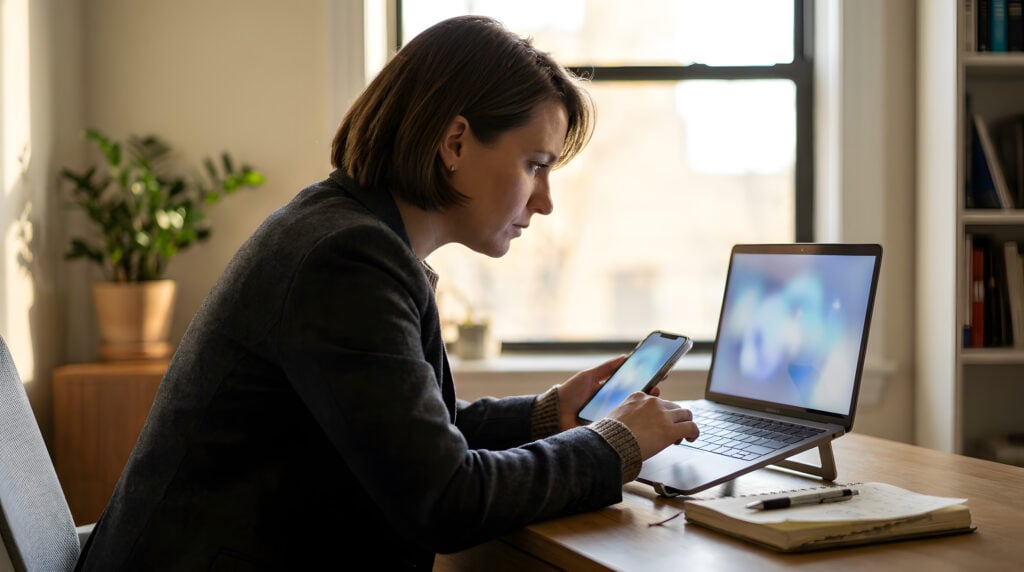 Professional checking how AI tools describe their business across phone and laptop