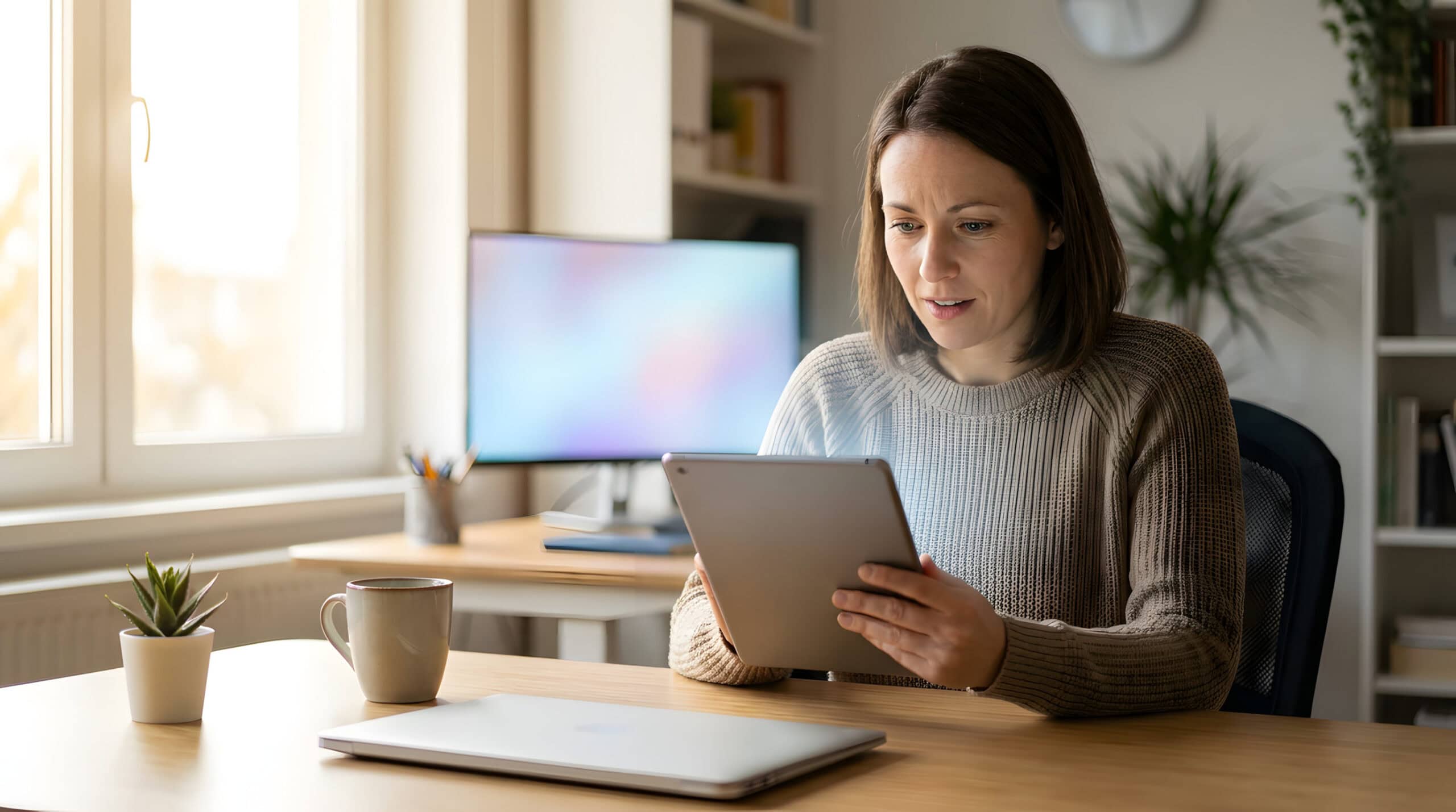 Small business owner reviewing AEO and GEO results on a tablet in a bright office
