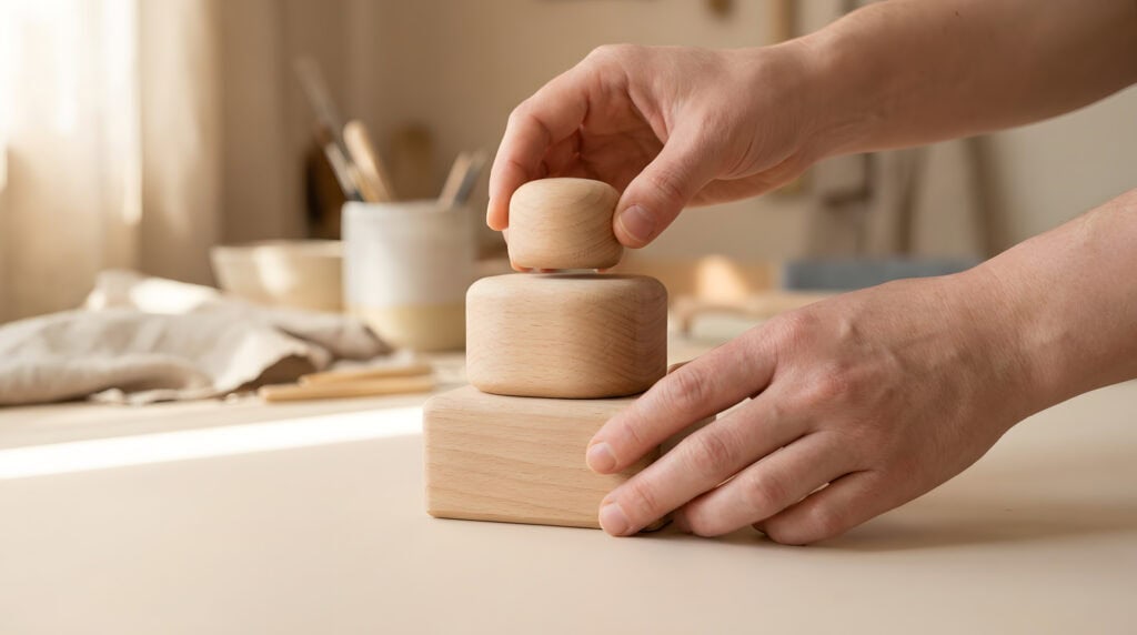 Three stacked wooden blocks showing how SEO, AEO and GEO build on each other